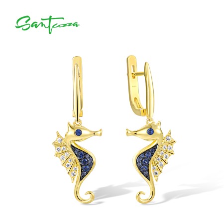SANTUZZA 925 Sterling Silver Dangling Earrings Blue Nano White CZ Sea Horse Ocean Fine Jewelry