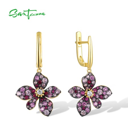 SANTUZZA 925 Sterling Silver Earrings Created Ruby Pink Sapphire White CZ Jewelry