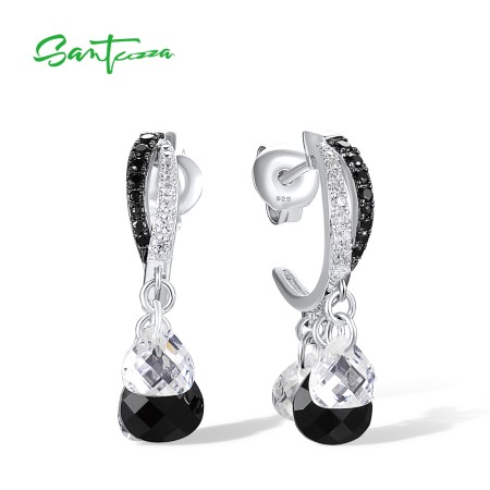 SANTUZZA 925 Sterling Silver Stud Earrings White CZ Black Spinel Dangling Fine Jewelry