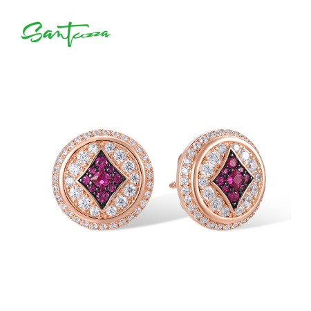 SANTUZZA 925 Sterling Silver Earrings Studs White CZ Created Ruby Jewelry
