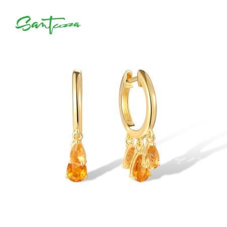 SANTUZZA 925 Sterling Silver Dangling Earrings Yellow Gems Hoop Jewelry