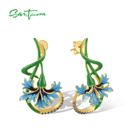 SANTUZZA 925 Sterling Silver Dangling Earrings Blue Stone Green Flower Enamel Jewelry