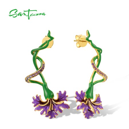SANTUZZA 925 Sterling Silver Stud Earrings Purple Flower Created Spinel Green Enamel Jewelry