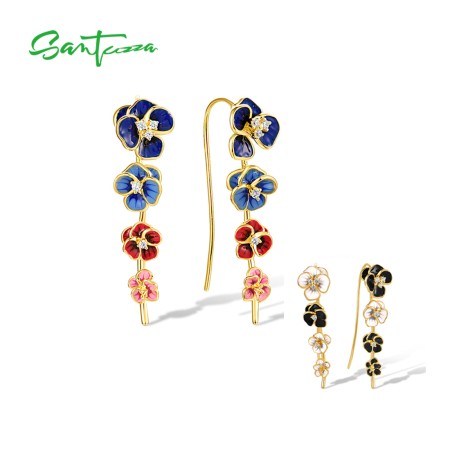 SANTUZZA 925 Sterling Silver Earrings Muti-Color Enamel Flower Climber Delicate Gifts Fine Jewelry