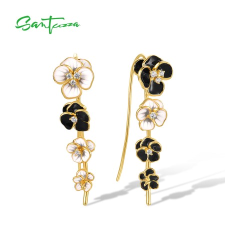 SANTUZZA 925 Sterling Silver Earrings Muti-Color Enamel Flower Climber Delicate Gifts Fine Jewelry