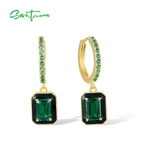 SANTUZZA 925 Sterling Silver Earrings Green Spinel Square Enamel Dangling Fine Jewelry