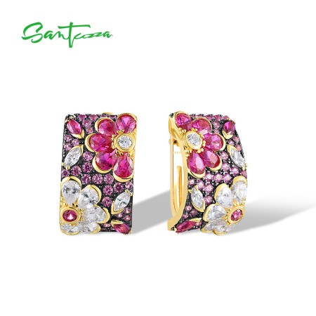 SANTUZZA 925 Sterling Silver Earrings Sparkling Red Spinel Flower Jewelry