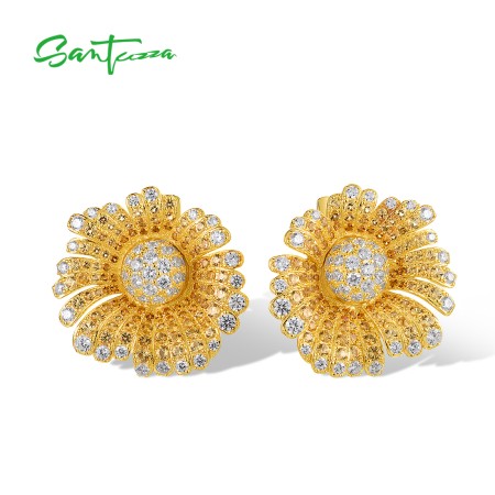 SANTUZZA 925 Sterling Silver Earrings Yellow Nano Crysta White CZ Sun Flower Earrings Jewelry