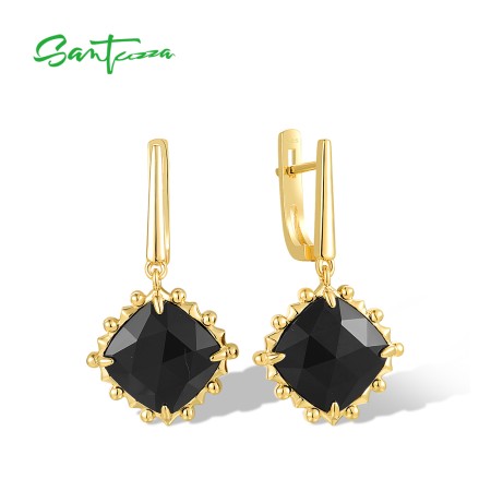 SANTUZZA 925 Sterling Silver Drop Earrings For Women Shiny Square Black Agate Jewelry