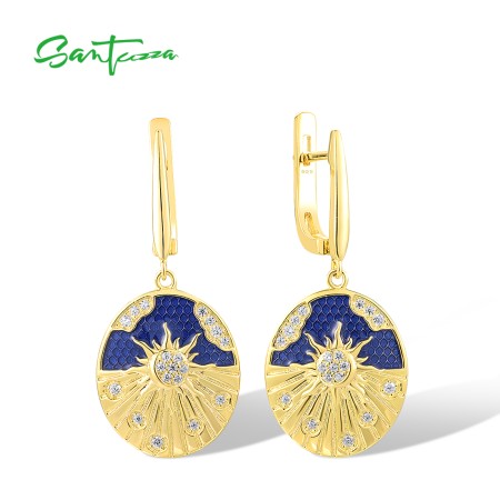 SANTUZZA 925 Sterling Silver Earrings White CZ Elegant Sun Blue Enamel Jewelry