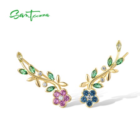 SANTUZZA 925 Sterling Silver Earrings Climber Colorful Gemstone Pierce Charm Fine Jewelry