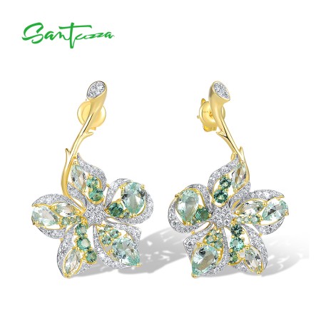 SANTUZZA 925 Sterling Silver Dangling Earrings Green Spinel Flower Jewelry