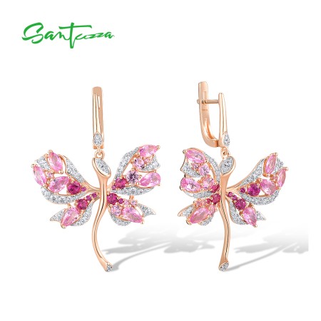 SANTUZZA 925 Sterling Silver Dangling Earrings Created Pink Sapphire Ruby Jewelry