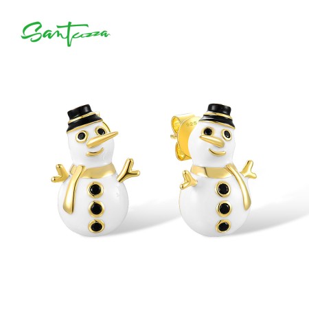SANTUZZA 925 Sterling Silver Stud Earrings Black Spinel Christmas Snowman Jewelry Enamel