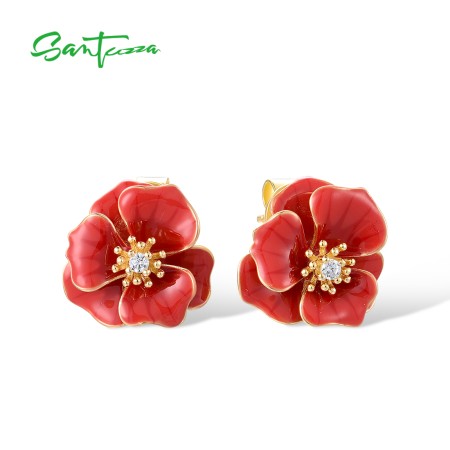 SANTUZZA 925 Sterling Silver Earrings White CZ Red Enamel Blossom Flower Fine Jewelry