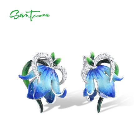SANTUZZA 925 Sterling Silver Earrings White CZ Blue Enamel Stunning Flowers Fine Jewelry