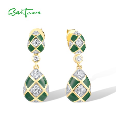 SANTUZZA 925 Sterling Silver Stud Earrings White CZ Green Pear Enamel Grid Jewelry