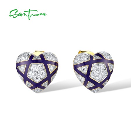 SANTUZZA 925 Sterling Silver Earrings White CZ Blue Enamel Heart Jewelry