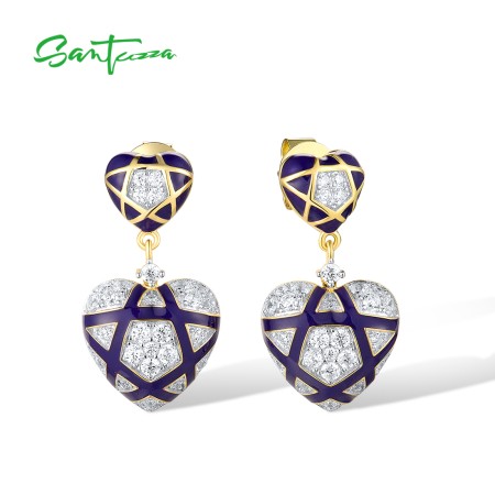 SANTUZZA 925 Sterling Silver Stud Earrings White CZ Blue Heart To Heart Enamel Jewelry