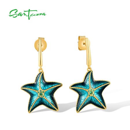 SANTUZZA Real 925 Sterling Silver Stud Earrings Green Spinel Enamel Star Fish Summer New Jewelry