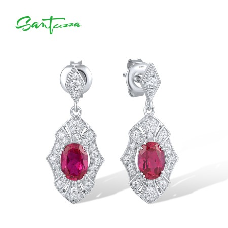 SANTUZZA 925 Sterling Silver Stud Earrings White CZ Created Ruby Dangling Grand Jewelry