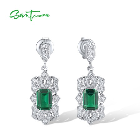 SANTUZZA 925 Sterling Silver Stud Earrings White CZ Green Spinel Long Jewelry