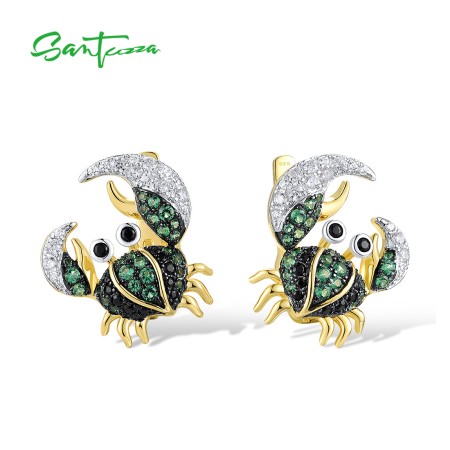 SANTUZZA 925 Sterling Silver Earrings Green Black Spinel Crab Latch Back Animal Jewelry