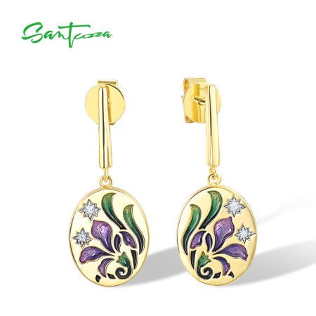 SANTUZZA 925 Sterling Silver Drop Earrings Sparkling White CZ Purple Flower Enamel Jewelry