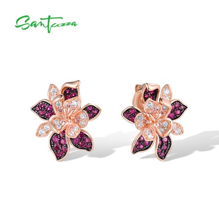 SANTUZZA 925 Sterling Silver Earrings Created Ruby Pink Sapphire Flower Jewelry