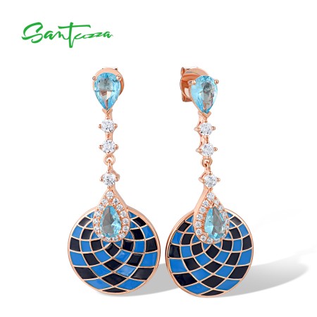 SANTUZZA 925 Sterling Silver Drop Earrings White CZ Blue Stone Grid Enamel Fine Jewelry