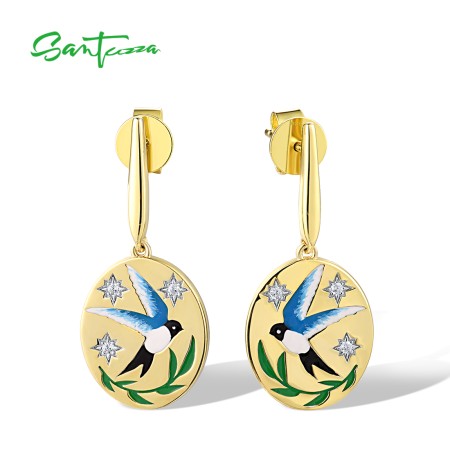 SANTUZZA 925 Sterling Silver Drop Earrings White Blue Bird Enamel Jewelry