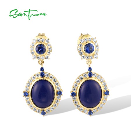 SANTUZZA 925 Sterling Silver Drop Earrings White Blue CZ Created Lapis Jewelry