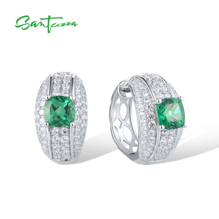 SANTUZZA 925 Sterling Silver Loop Earrings White CZ Green Spinel Jewelry