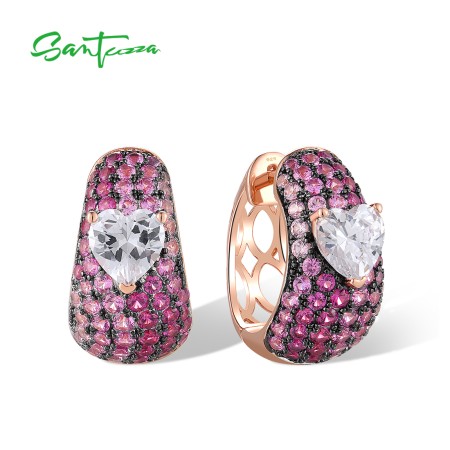 SANTUZZA 925 Sterling Silver Hoop Earrings White CZ Created Ruby Pink Love Heart Jewelry