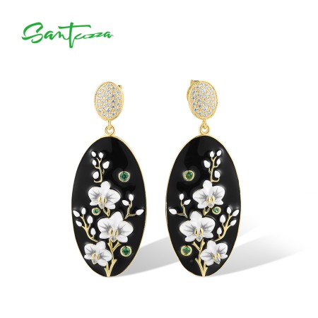 SANTUZZA 925 Sterling Silver Drop Earrings CZ White Flower Antique Style Jewelry Enamel