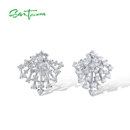 SANTUZZA 925 Sterling Silver Stud Earrings Sparkling White Cubic Zirconia Jewelry