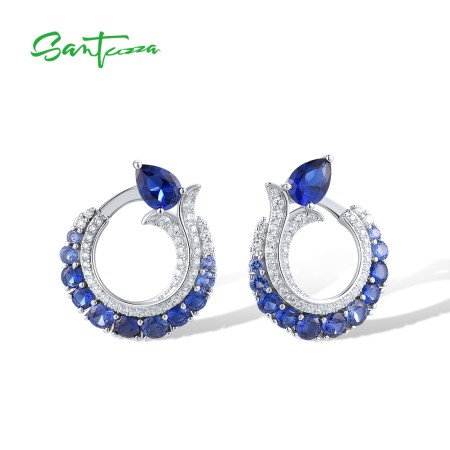 SANTUZZA 925 Sterling Silver Drop Earrings White CZ Blue Spinel Round Jewelry