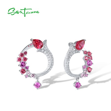 SANTUZZA Pure 925 Sterling Silver Drop Earrings White CZ Red Crystal Jewelry