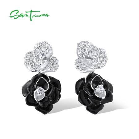 SANTUZZA 925 Sterling Silver Drop Earrings White CZ Elegant Black&White Flower Enamel Jewelry
