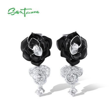 SANTUZZA 925 Sterling Silver Drop Earrings White CZ Black&White Chic Flower Enamel Jewelry