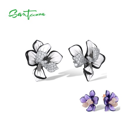 SANTUZZA 925 Sterling Silver Stud Earrings For Women Sparkling Purple & White Enamel Flower Jewelry