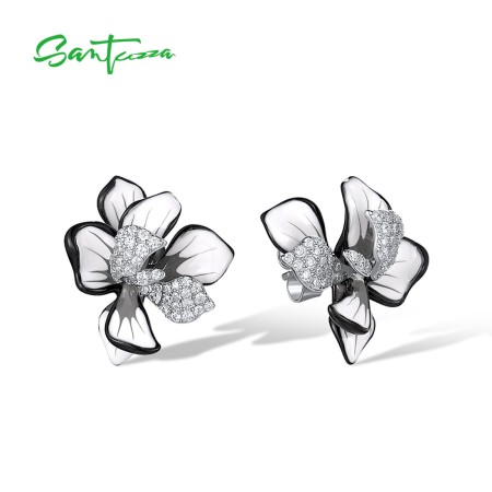 SANTUZZA 925 Sterling Silver Stud Earrings For Women Sparkling Purple & White Enamel Flower Jewelry