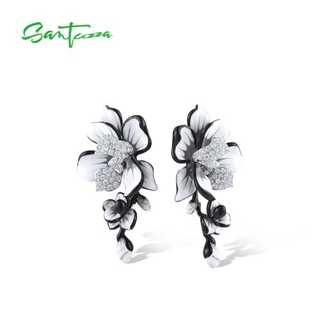 SANTUZZA 925 Sterling Silver Stud Earrings Sparkling Purple & White Enamel Flower Jewelry