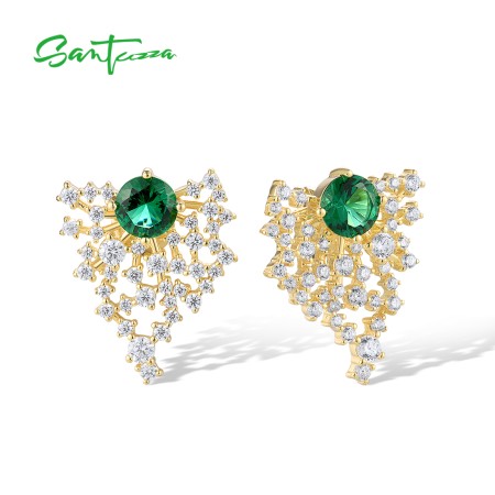 SANTUZZA 925 Sterling Silver Stud Earrings Sparkling Green White Cubic Zirconia Jewelry