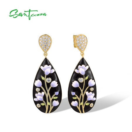 SANTUZZA 925 Sterling Silver Drop Earrings Orchid Enamel Jewelry