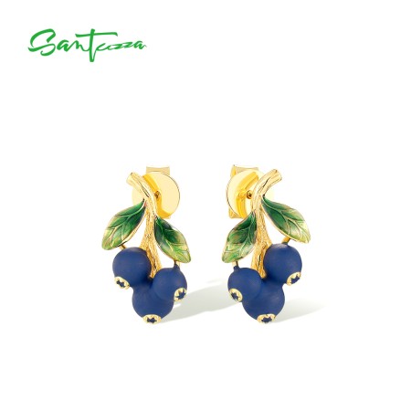 SANTUZZA 925 Sterling Silver Drop Earrings Enamel Blueberries Pomegranate Fruits Jewelry
