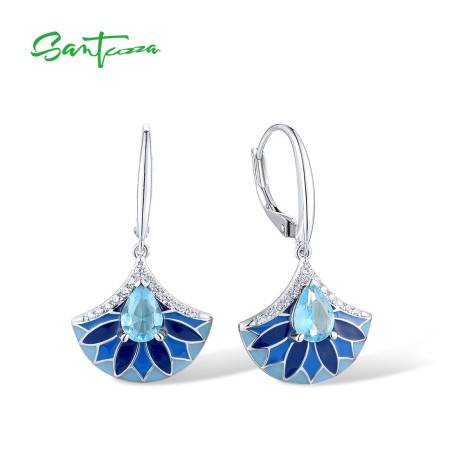 SANTUZZA 925 Sterling Silver Drop Earrings White CZ Blue Stone Fan Shape Jewelry