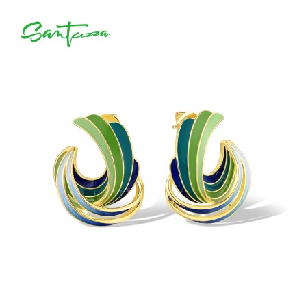 SANTUZZA 925 Sterling Silver Stud Earrings Green Enamel Twisted Pattern Irregular Jewelry