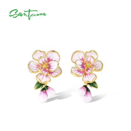 SANTUZZA 925 Sterling Silver Stud Earrings Fancy Pink Flower Drop Jewelry