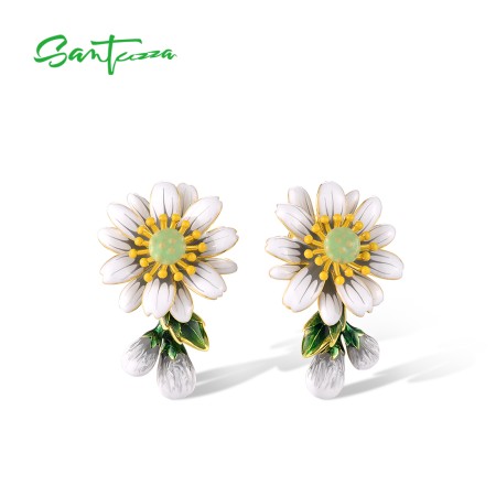 SANTUZZA 925 Sterling Silver Stud Earrings Sparkling Fancy Sun Flower Drop Jewelry